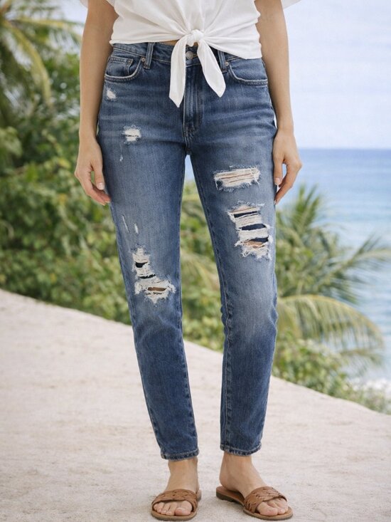 COJ Denim - COJ High‑Rise Distressed Mom Jeans • Vintage Wash • NWT Size 25